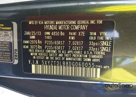 2013 Hyundai Santa Fe Sport из США, поврежденный, VIN 5XYZT3LB8DG060055